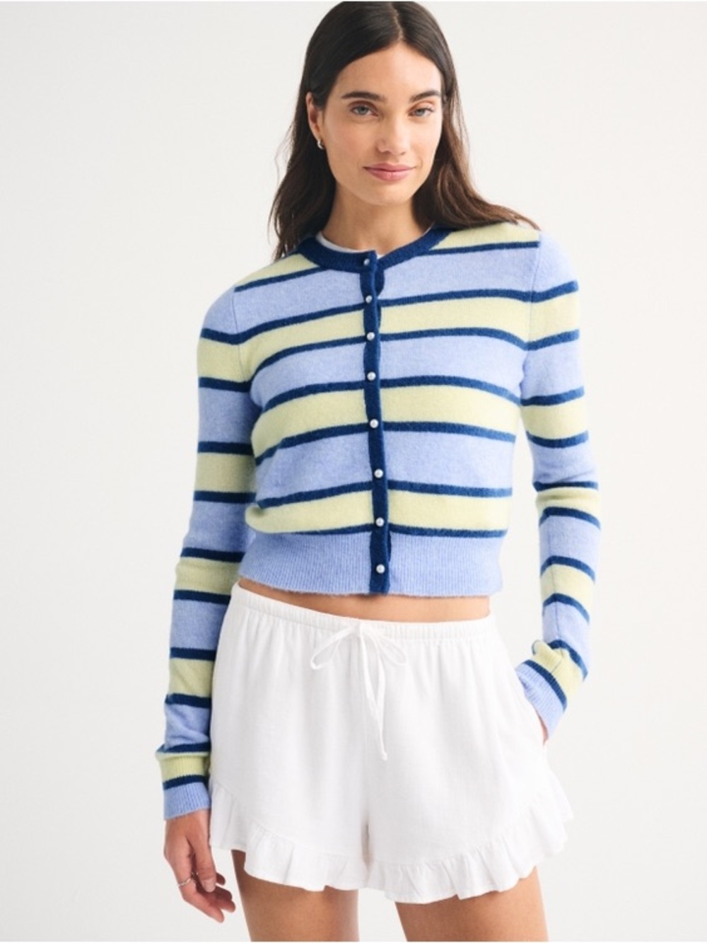 ABERCROMBIE & FITCH Merino Wool-Blend Shrunken Crew Cardigan in Blue Sz L NWT